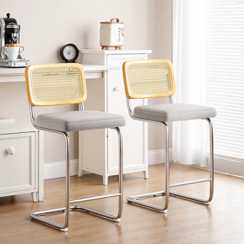 Ensemble de 2 tabourets de bar modernes en velours de rotin gris clair pour îlot de cuisine à hauteur de comptoir