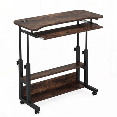 32 Inches Portable Desk with Power Outlets, Height Adjustable Side Table Sofa Couch Bedside Laptop Computer Cart with USB Charging Ports, Mobile Small Standing Desk with Keyboard Tray, Rustic Brown.