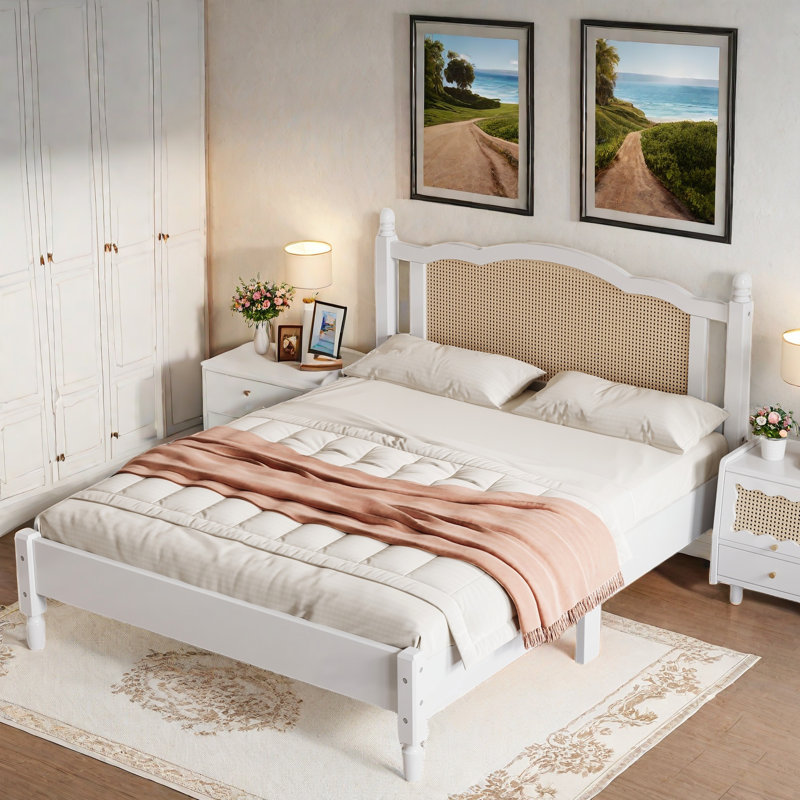 Queen White Pine Wood Platform Bed with Rattan Headboard