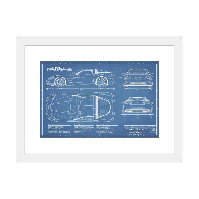 Corvette (C6) Grand Sport Blueprint - dessin, H 16 po x l 24 po x P 1 po, Papier encadré blanc, Blanc