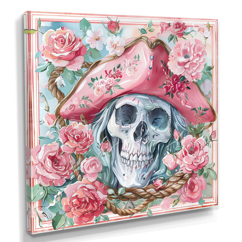 Reproduction d'art mural rose, vert et crâne de pirate III, Toile tendue, 16" H x 16" W