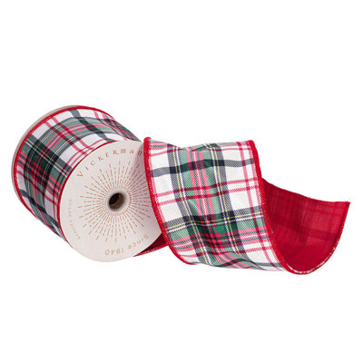 The Holiday Aisle 4" x 10 Yards White/Red/Green Plaid Wired Edge Christmas Ribbon.