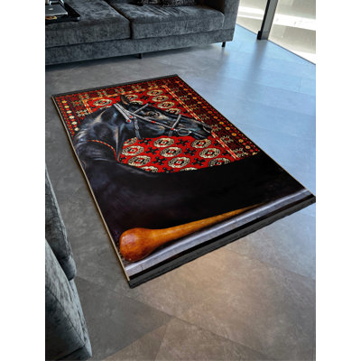 Tapis décoratif noir et rouge à motif de cheval noble