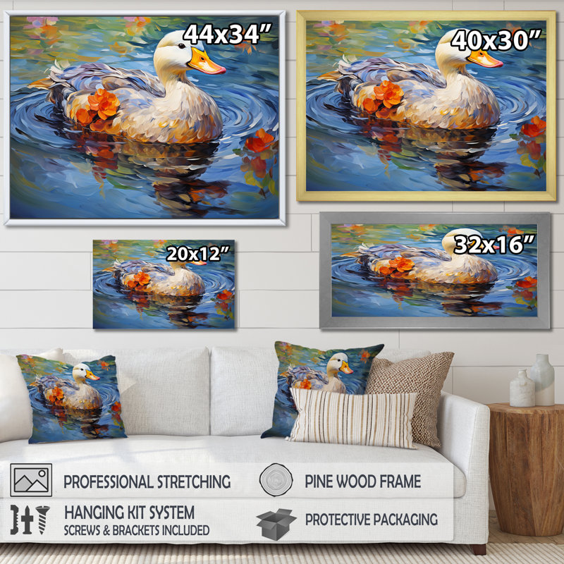 «Duck At The Pond I» - Art mural animal canard, H 34 po x l 44 po x P 1,5 po, Cadre flottant brun