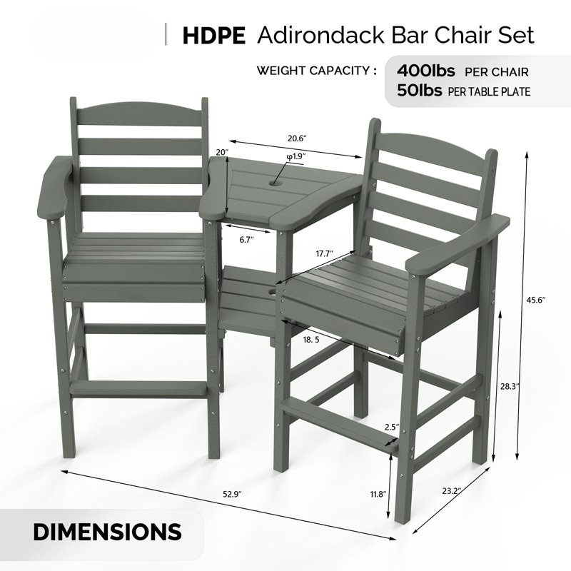 Hautes chaises Adirondack avec deux plateaux de connexion amovibles (ensemble de 2), Gris