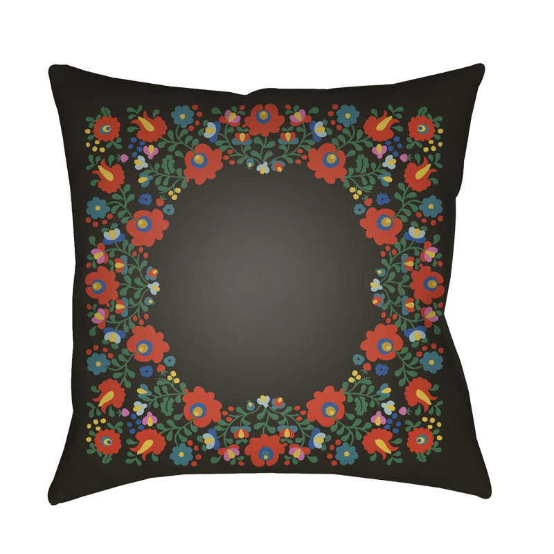 Coussin décoratif intérieur / extérieur à motif floral, Noir, H 18 po x l 18 po x P 3 po