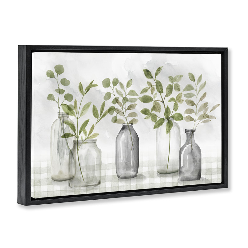 Cadre flottant de feuilles de verdure dans des vases, design par Nan, H 17 po x l 25 po, Cadre flottant noir de jais