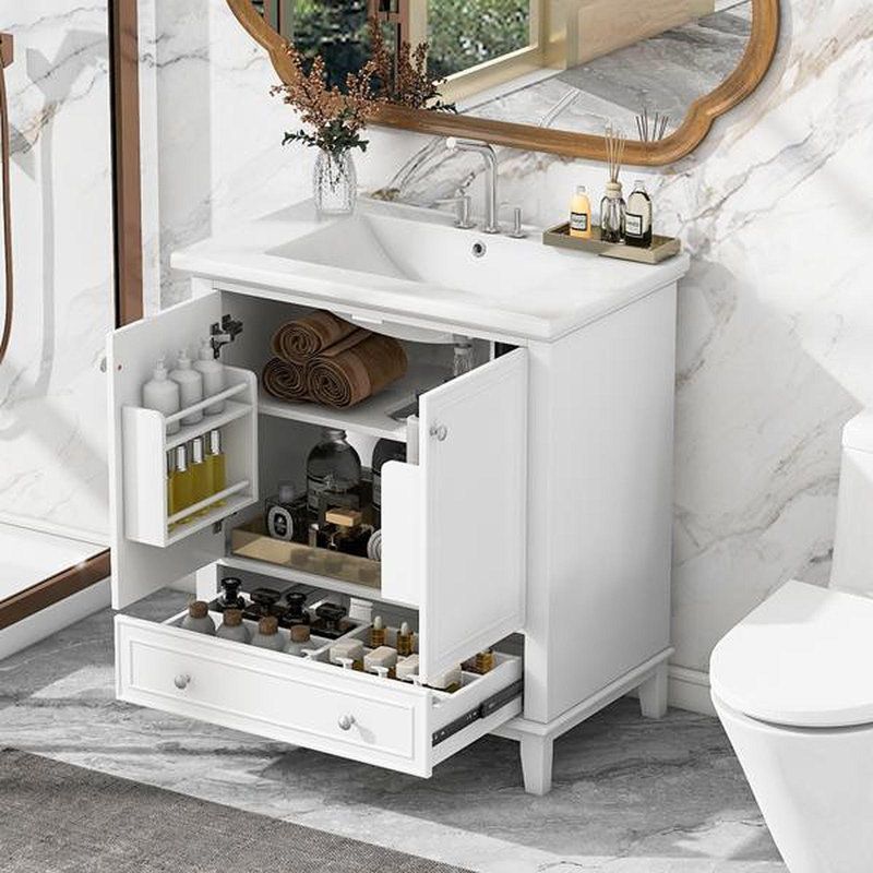 Ensemble de meuble-lavabo 30 po avec lavabo, armoire de salle de bain multifonctionnelle avec portes et tiroir, cadre solide et panneau de fibres à densité moyenne (blanc)