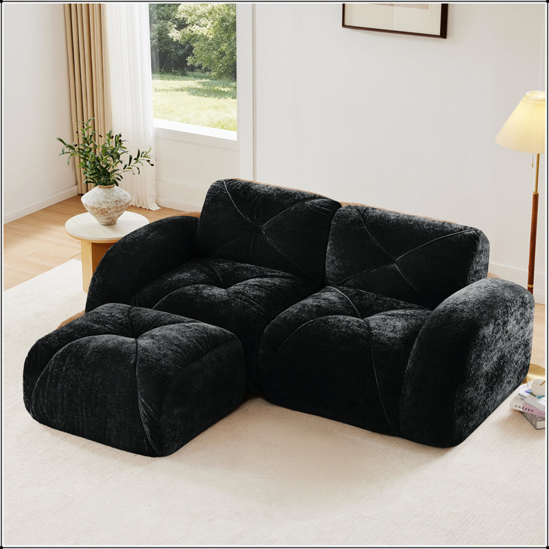 Canapé en L en velours sans os avec capitonnage et repose-pieds mobile pour un confort ergonomique
