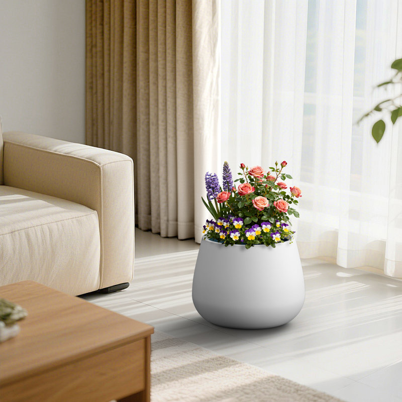 14.4 in. Large Bright White Concrete Round Planter / Pot with Drainage Holes for Indoor & Outdoor, Pearl White