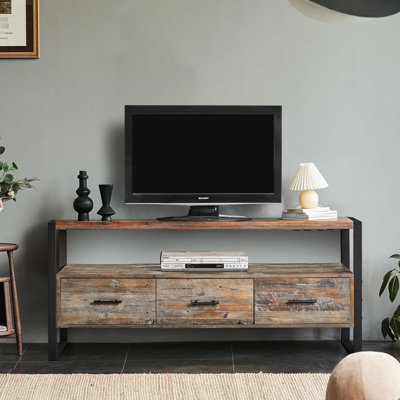 Support média 60 po en bois récupéré avec 3 tiroirs et tablette ouverte, finition antique, bois massif, poids de 73,75 lb, tiroirs de console de 60 po, profondeur de 62,2 po