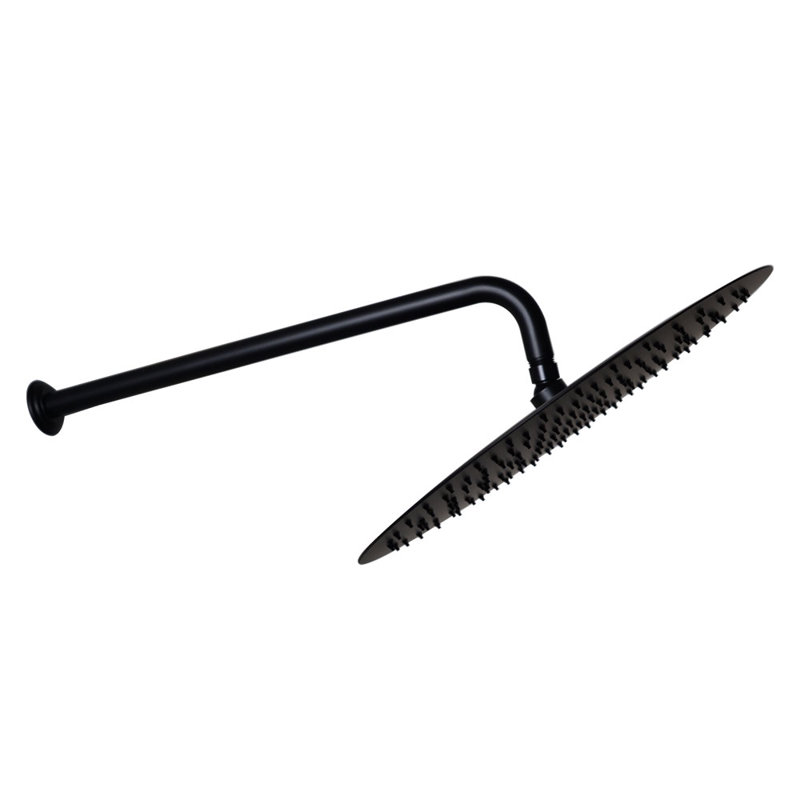 Pomme de douche à pluie fine 16 po avec bras mural à 90 degrés et bride IPS de 1/2 po IPS x 10 po, Noir mat