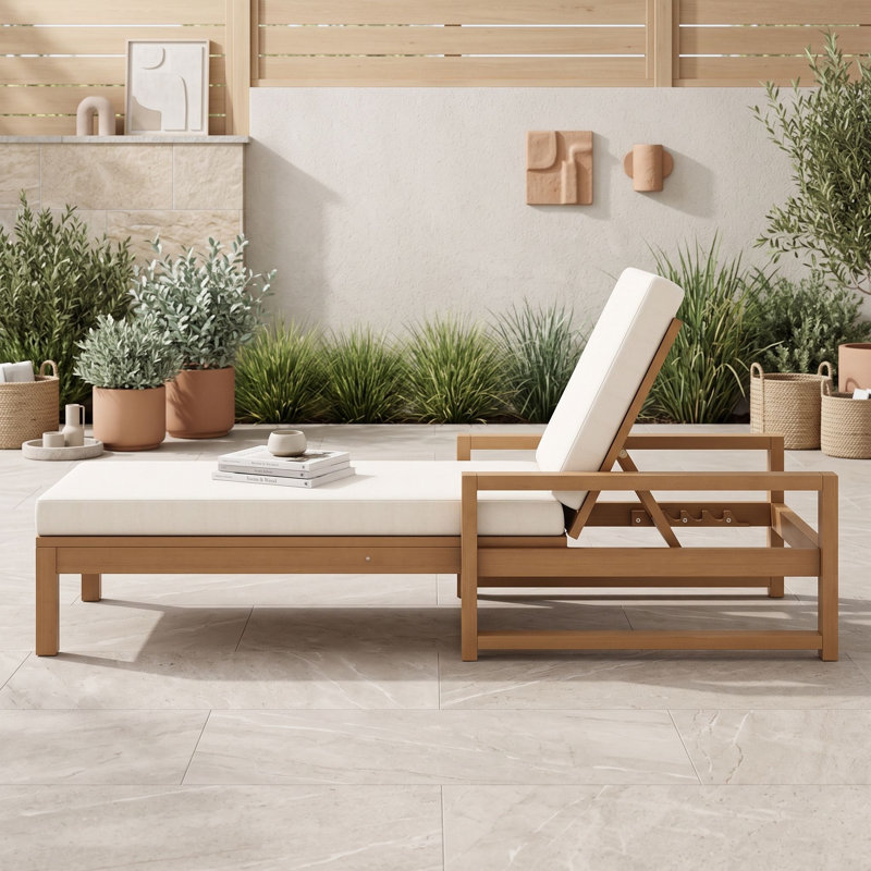 Chaise longue d'extérieur réglable en bois d'acacia avec coussins, Teck clair