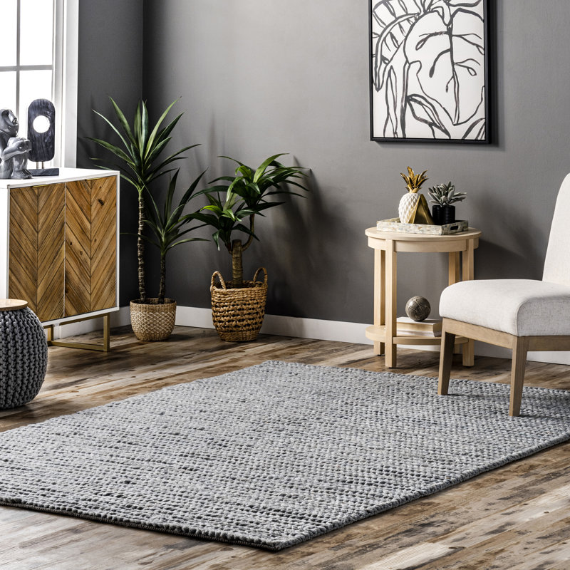 Tapis bleu clair en laine / coton tressé à la main Dalaigh, Rectangle de 5 pi x 8 pi