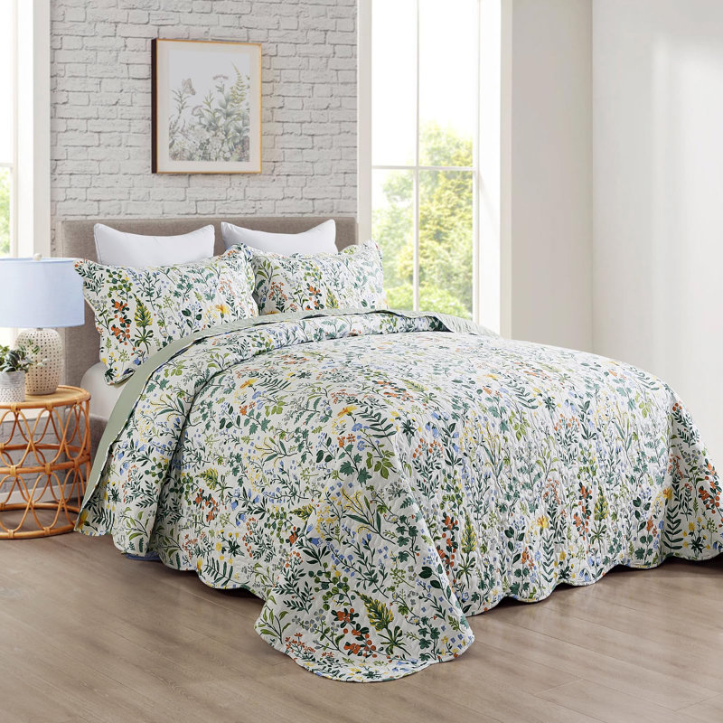 3-Piece Quilt Set Quilted Bedspread Lightweight Coverlet Set Garden Style Floral Printed Oversized Quilted Bedding Set With Shams For All Season, Exquisite, Queen Size