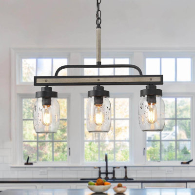 Laila 3-Light Dimmable Farmhouse Linear Pendant Light with Clear Mason Jar Glass, Dark Gray with Wood Accents, for Kitchen Island