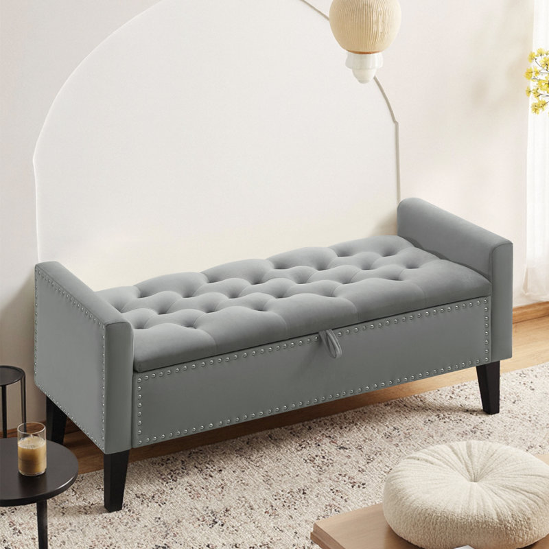 47" W Velvet Upholstered Flip Top Storage Bench, Dark Gray