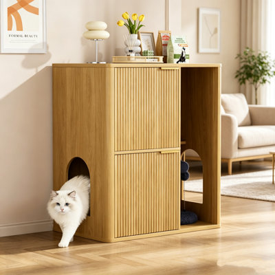 Meuble à litière en bois clair avec arbre à chat et design rainuré dissimulé, double porte pour chat, étagères de rangement, mobilier polyvalent pour animaux de compagnie pour salon et chambre, bac à litière caché de 80 cm