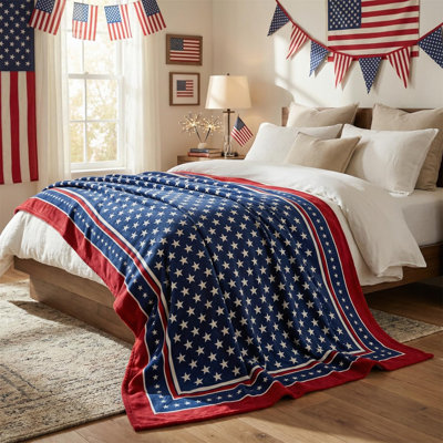 4th of July Flannel Blanket Throw, Patriotic Memorial Day Independence Day American Flag Soft Fuzzy Plush Cozy Fleece Blankets for Couch Sofa Bed Decor, Ideal Gifts for Kids Adults 80x60