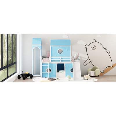 Blue Twin Loft Bed Featuring Slide, Pink Tent, And Tower - Pine , Three Installation Styles, Under Storage Size With Slide Tent Pine, Playhouse Choices, Fence Appearance
