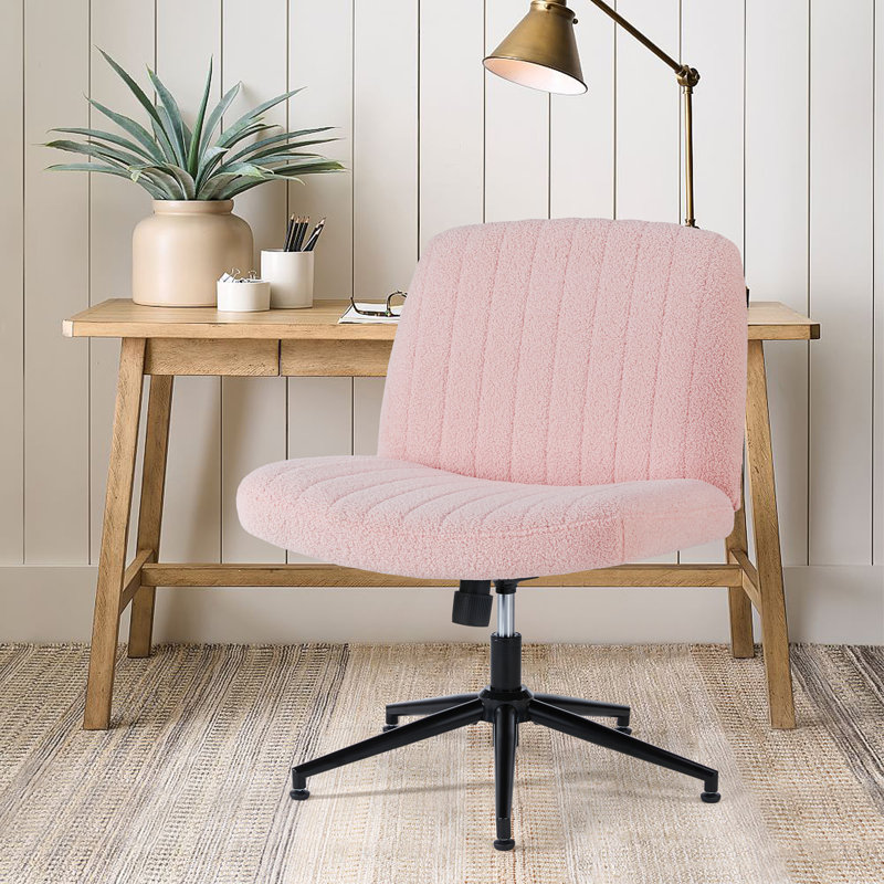 Avicia 26" Wide Seat Criss Cross Legged Office Chair, Armless Office Desk Chair With Wheels, Pink Sherpa