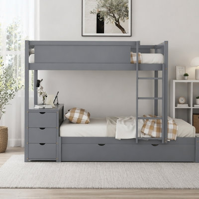 Full-Over-Full Bunk Bed With Twin Size Trundle, Storage And Desk, Gray