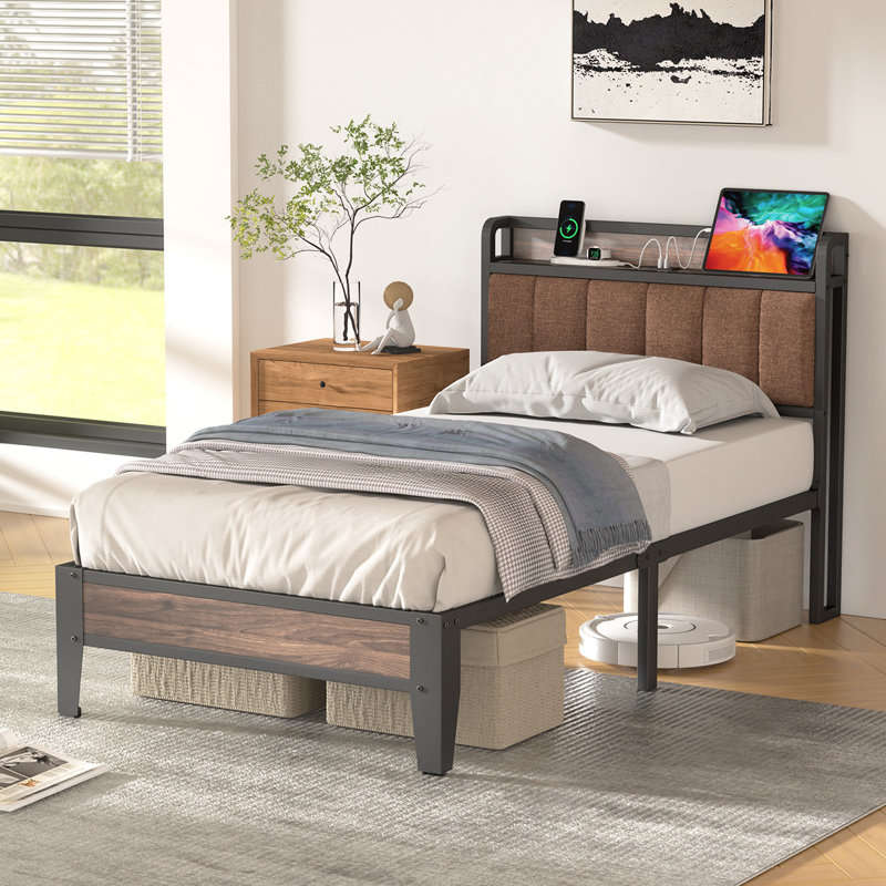 Upholstered Bed Frame with Charging Station and Storage Headboard, Brown, Full