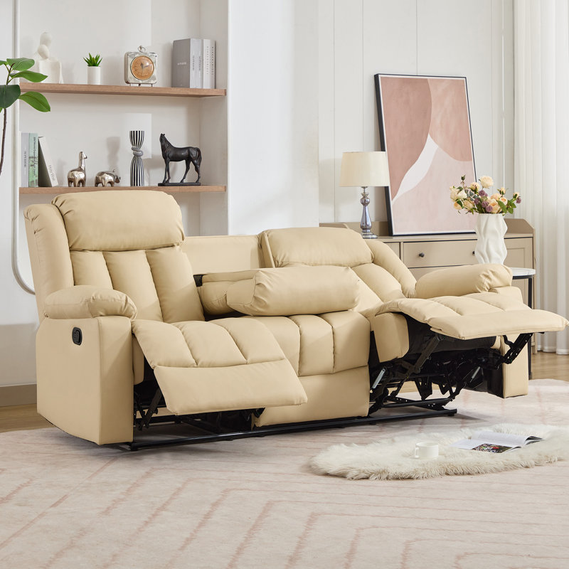 Kyleigh 3 Seater Faux Leather Reclining Sofa, Cream