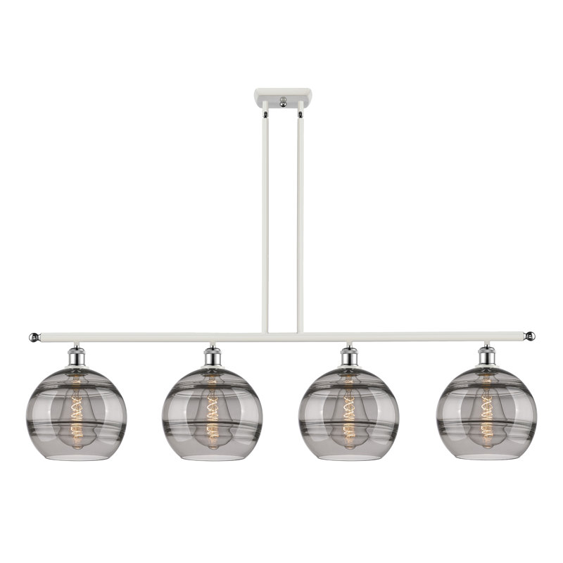 Luminaire suspendu pour îlot de cuisine 4 lumières Chartoff, Chrome poli blanc, Gris fumée clair