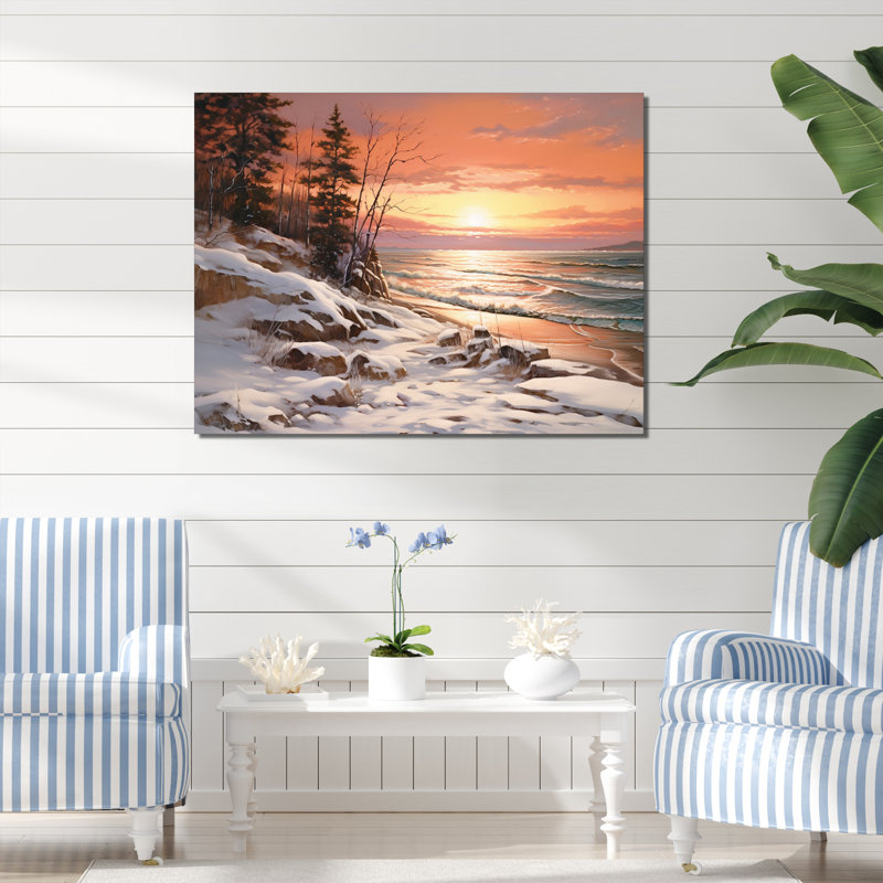«Beach Winterscene Warm Pastel Sunset I», reproduction sur toile, Toile tendue, H 34 po x l 44 po x P 1,5 po