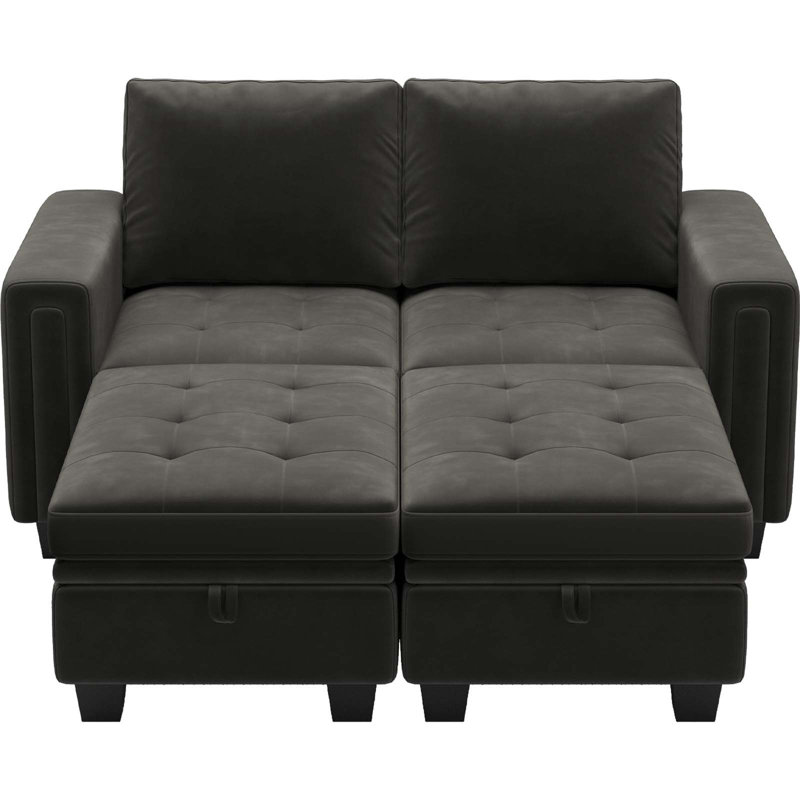Shavera 4 - Piece Velvet Sectional Sofa Convertible Sleeper Couch Apartment Sofa Bed with Storage Ottomans, Gray Velvet