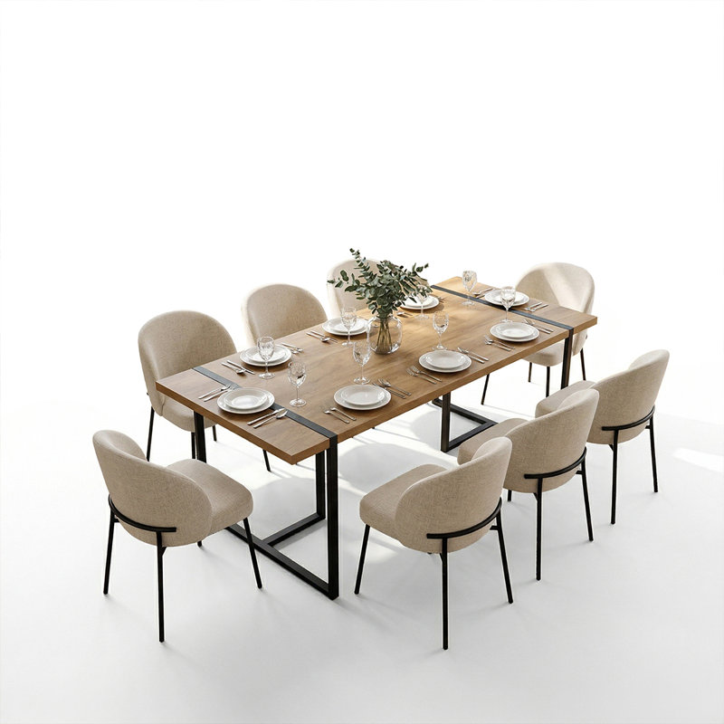78.7" Industrial Wood Dining Table Set For 8 With Upholstered Curved Back Chairs, Oatmeal