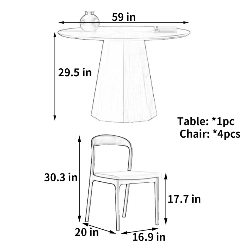 Table et chaise de salle à manger de qualité minimaliste, H 29,5 po x L 59 po x l 59 po