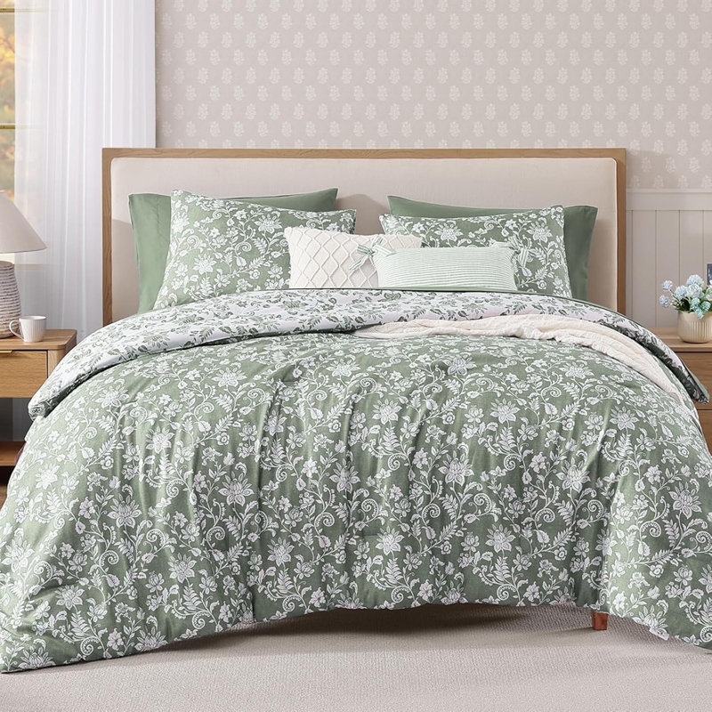 Grand lit floral gris et vert dans un sac, 7 pièces Botanical Comforte