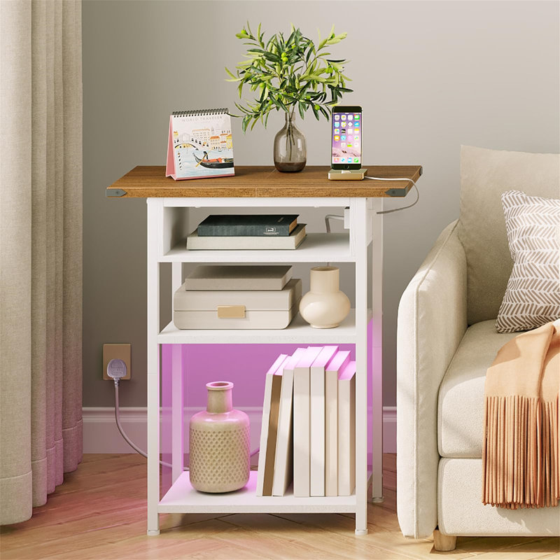 LED Narrow Nightstand With Charging Station Side Table