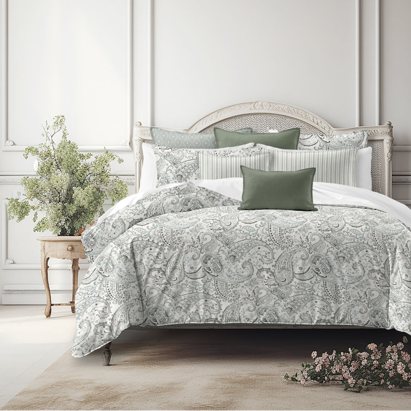 Paisley Seafoam Cotton Duvet Cover Set, King Duvet Cover + 7 Additional Pieces