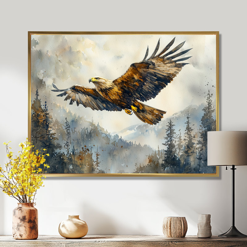 Aigle brun surplombant la vallée - oiseau, art mural, H 30 po x l 40 po, Cadre flottant, Doré