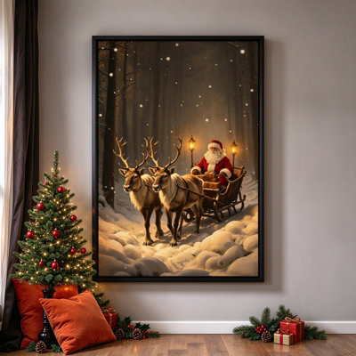 Tableau encadré sur toile, représentant le Père Noël en traîneau dans une forêt enneigée, cadre noir, 50 x 75 cm (20 x 30 pouces).