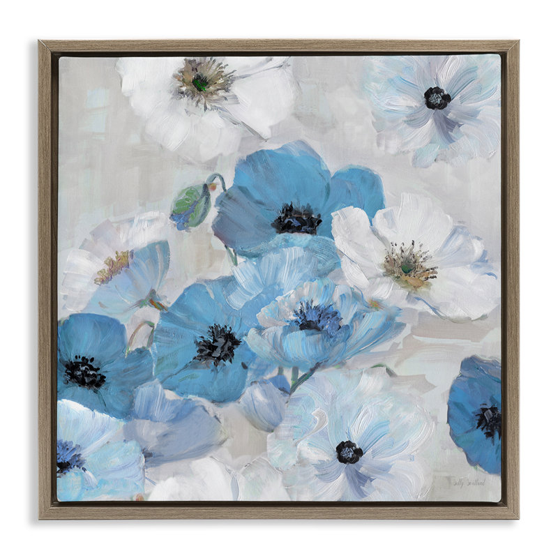 "Blue & White Flowers", art mural sur toile flottante par Sally Swatland, H 18 po x l 18 po, Cadre flottant orme Montalcino