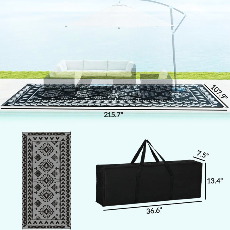 Tapis d'extérieur réversible pour terrasse, camping et balcon, en polypropylène, 2,74 m x 5,49 m, noir et gris, motif losanges. Parfait pour une terrasse, un VR, un pique-nique et un jardin.