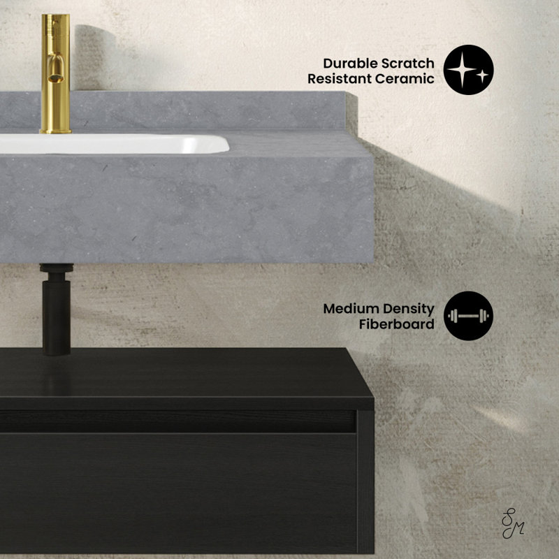 Meuble-lavabo mural 36 po Avancer en chêne naturel avec plateau en marbre noir Avancer, Chêne noir, Gris anthracite