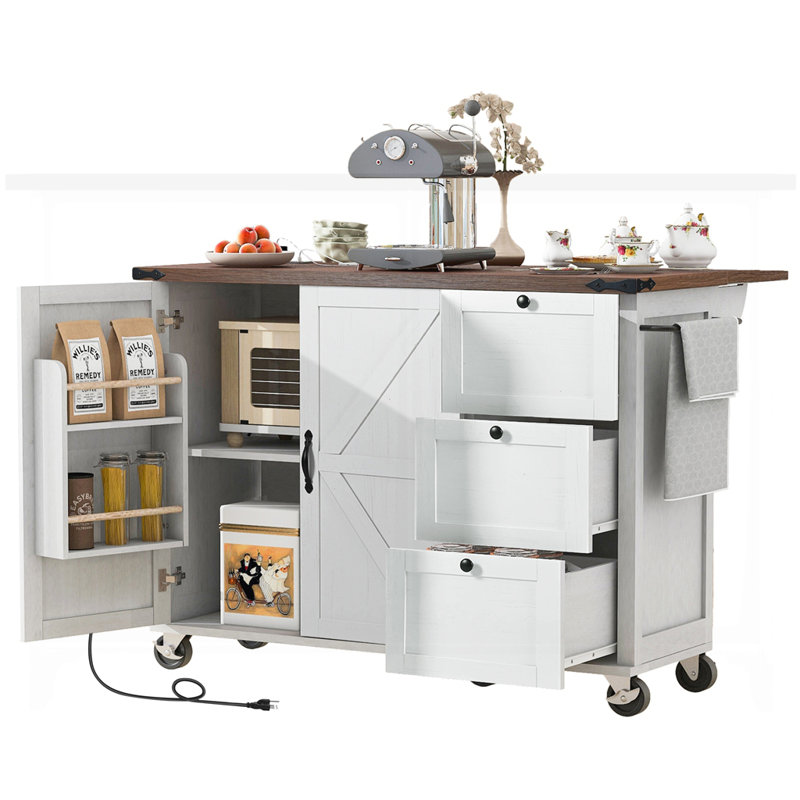 Babken Rolling Kitchen Island with Drop Leaf and Power Ports, White