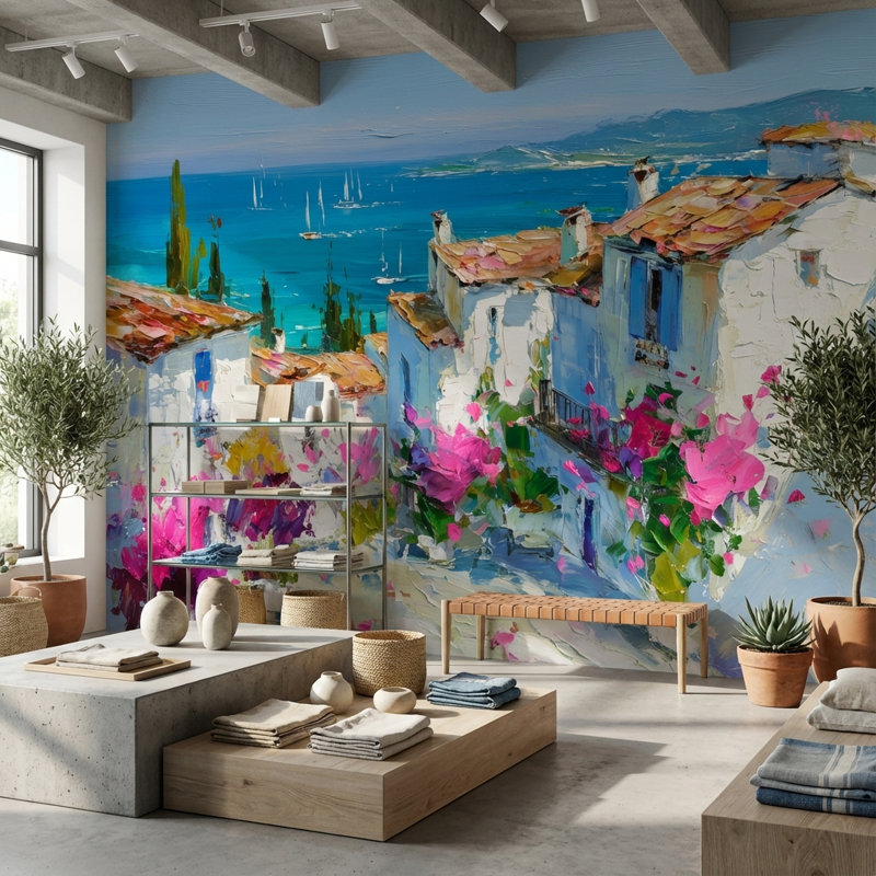 Papier peint méditerranéen bord de mer, 100"x96", Peel and Stick