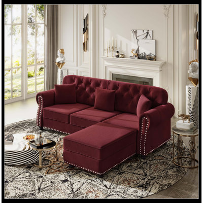 82.6" Burgundy Velvet Chesterfield Sofa, Button Tufted Mid-Century Couch With Rolled Arms & Nailhead Trim, Includes 3 Pillows