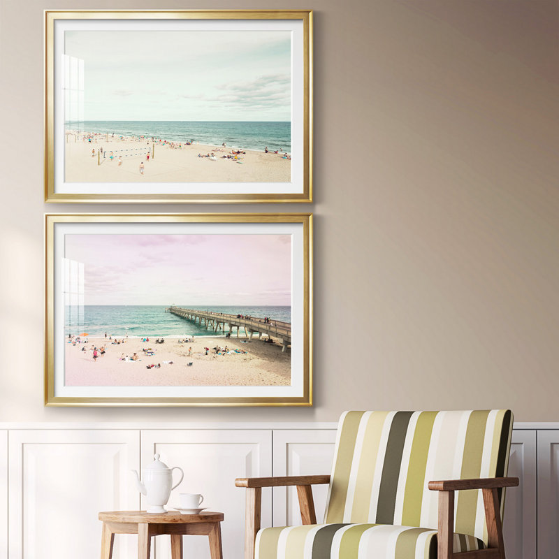 Jour à la plage - ensemble de 2 reproductions d'art sur toile encadrées, Or, H 26,5 po x l 73 po x P 1,5 po, Blanc