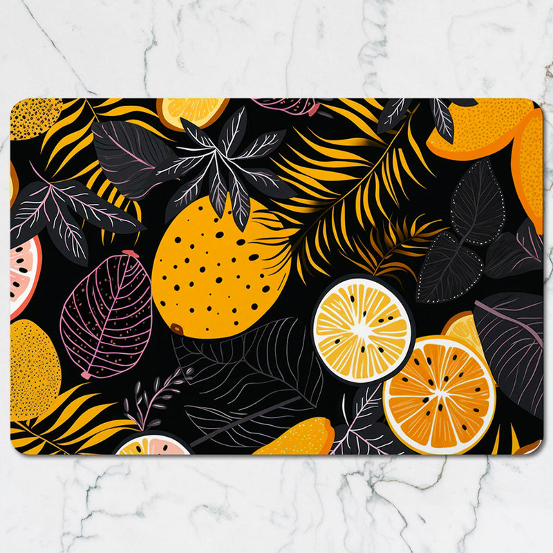 Citrus Placemats And Coaster Set With Black Tropical Leaves