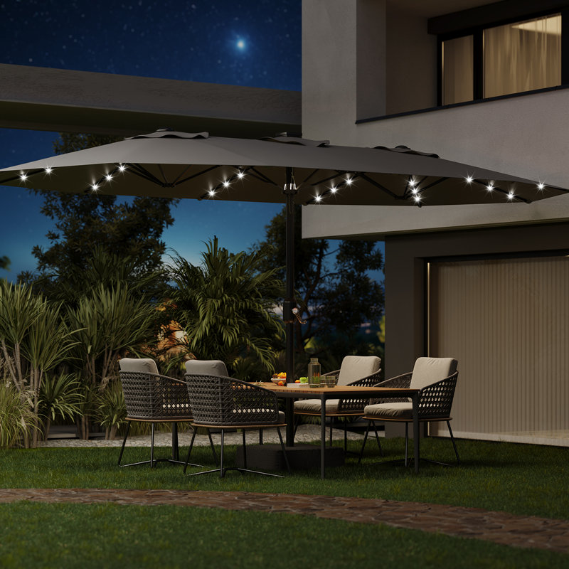 Parasol de patio rectangulaire de 15 pi avec lumières solaires et base inclus - Grand parasol de patio, Gris