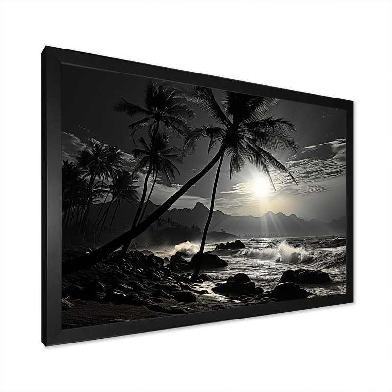 Palmier au bord de la mer, clair de lune sur toile, Cadre photo noir, H 16 po x l 32 po x P 1 po