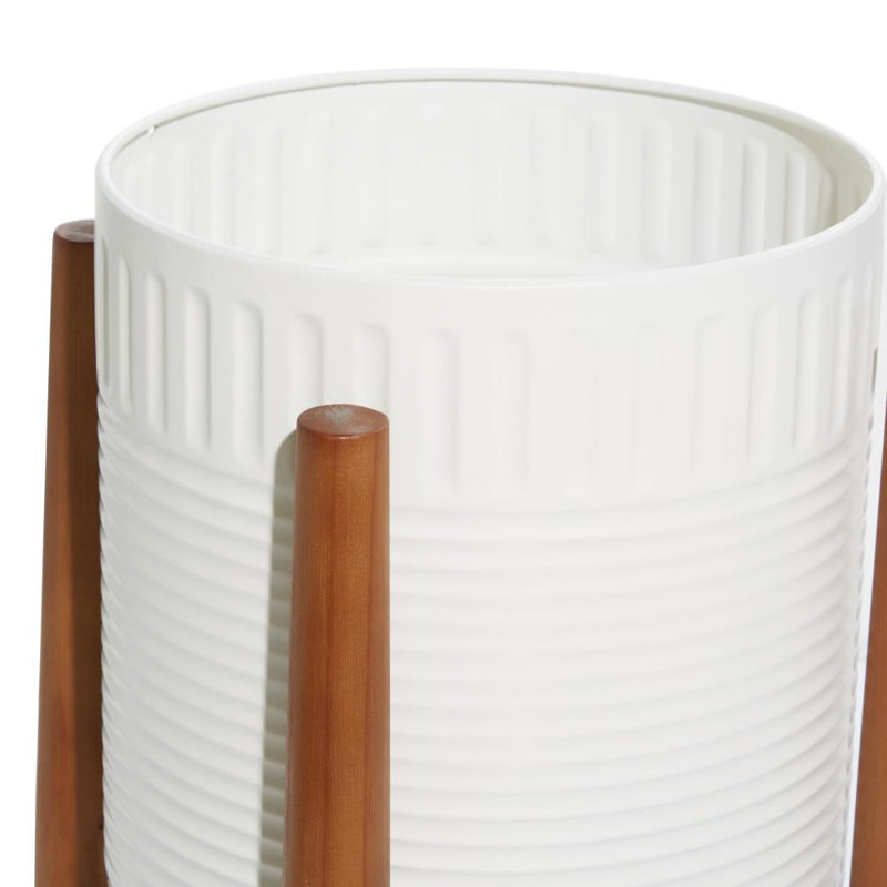 2 Piece Metal Indoor Outdoor White Planter with Removable Wood Stand Set, White