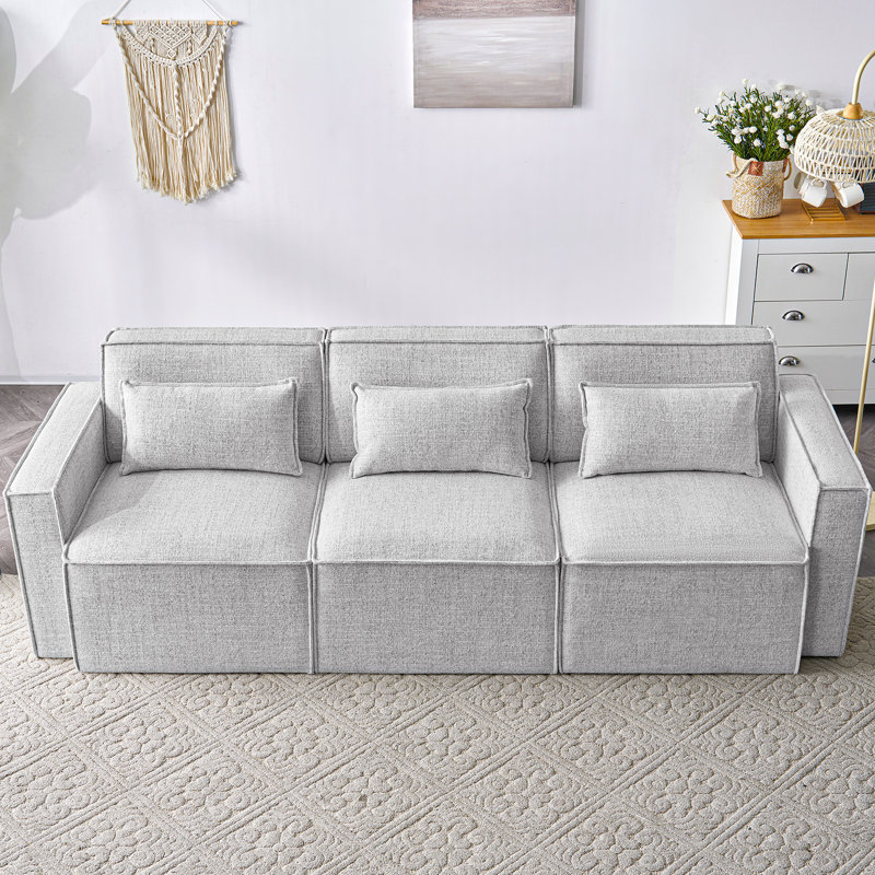 Canapé modulaire à accoudoirs carrés 93 po Taufner, 100 % lin gris